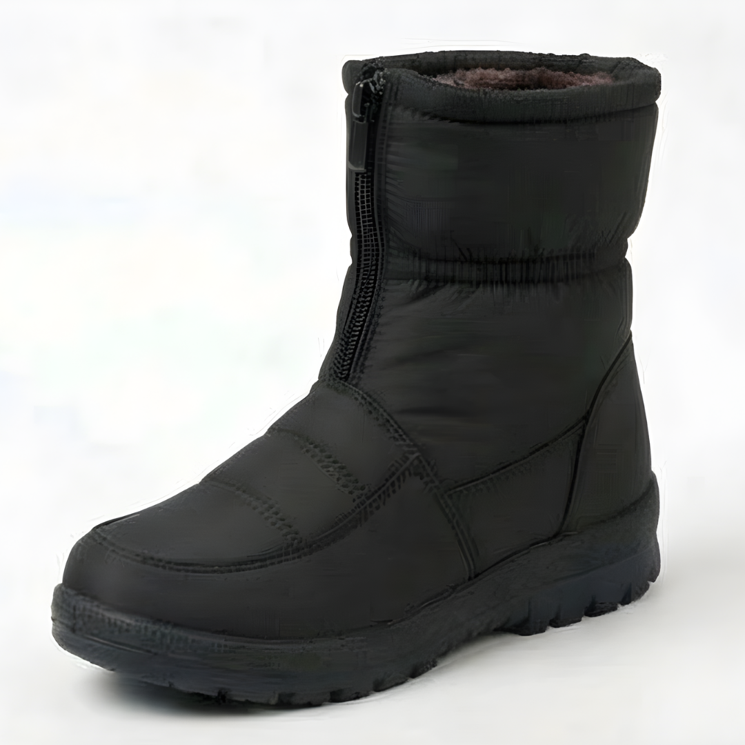 Grey waterproof padded mid calf winter boots with fur cuffs
