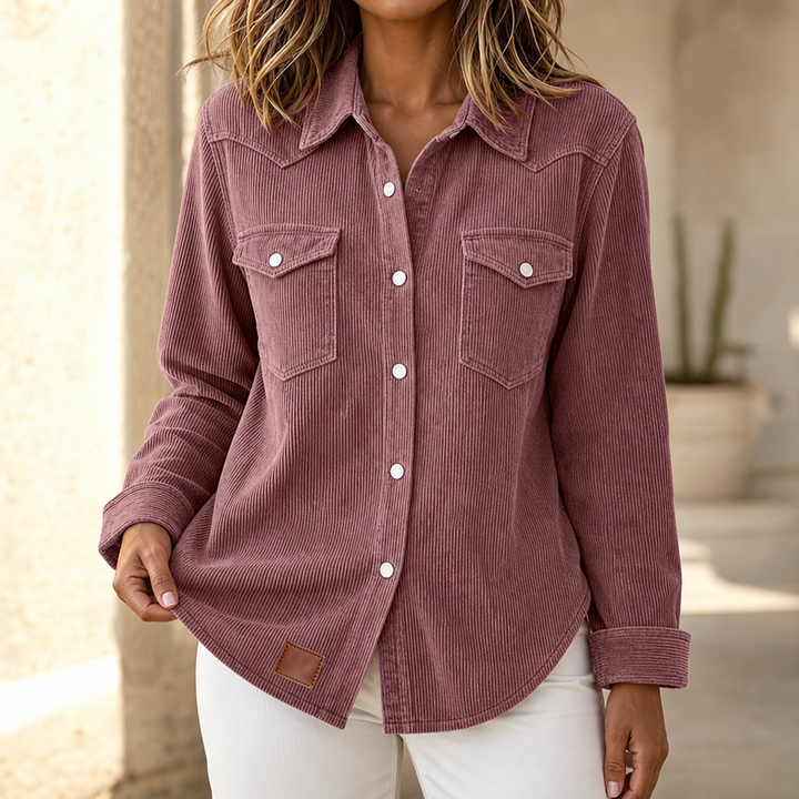 Dusty pink corduroy shacket with a western yoke and pearl buttons