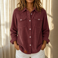 Burgundy corduroy shacket with a western yoke and chest pockets