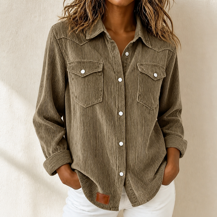Khaki corduroy shacket with a western yoke and chest pockets