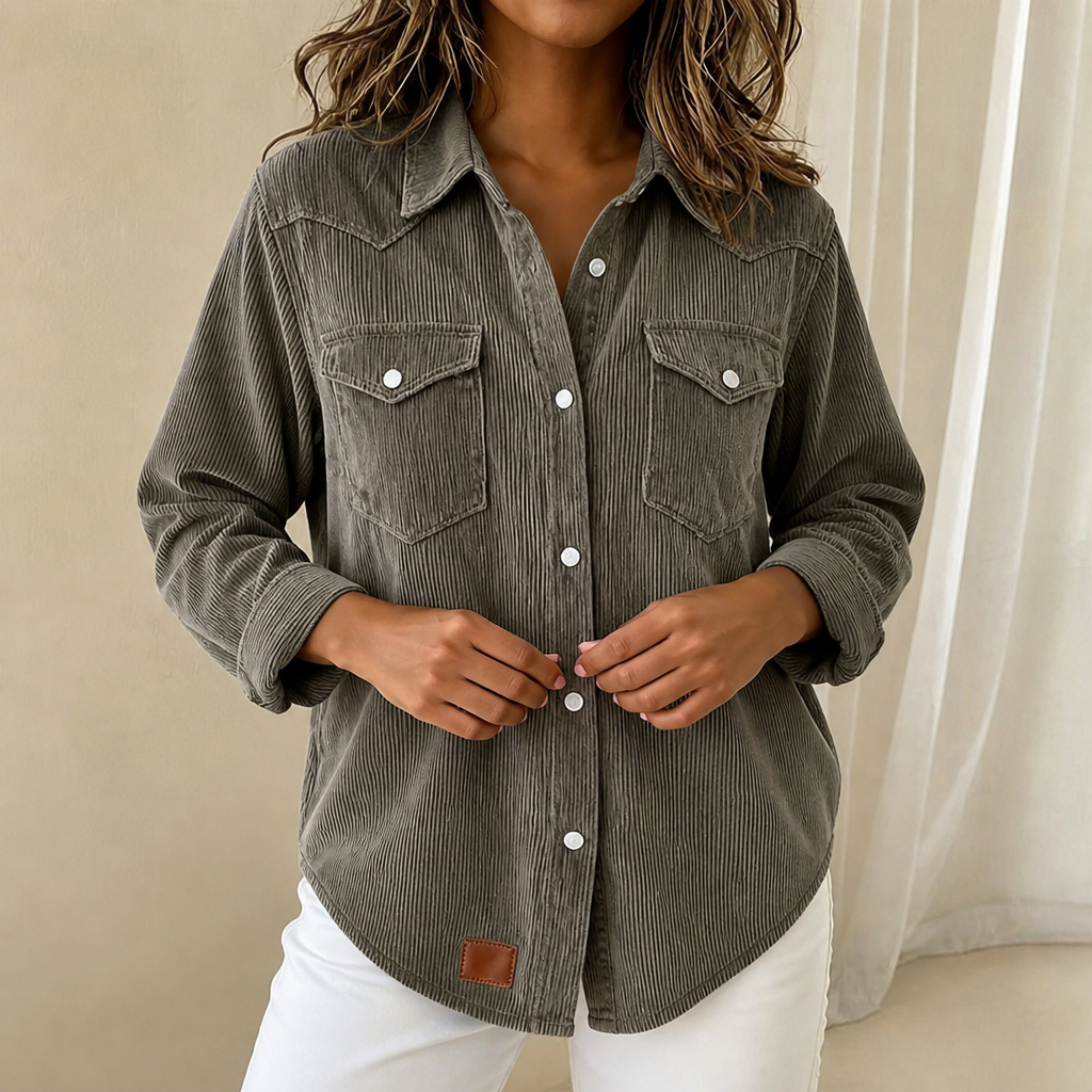 Olive grey corduroy shacket with a western yoke and flap pockets