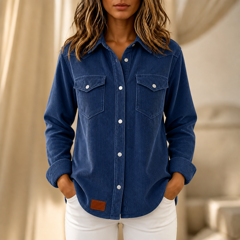 Blue corduroy shacket with a western yoke and pearl buttons