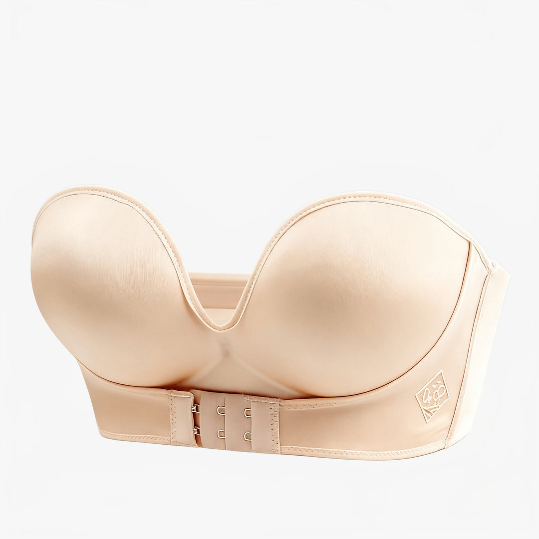 Nude wide-band strapless bra shown from the side