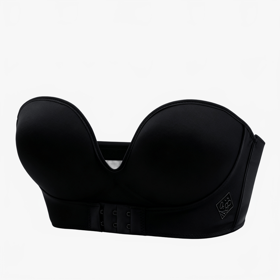 Black wide-band strapless bra shown from the side