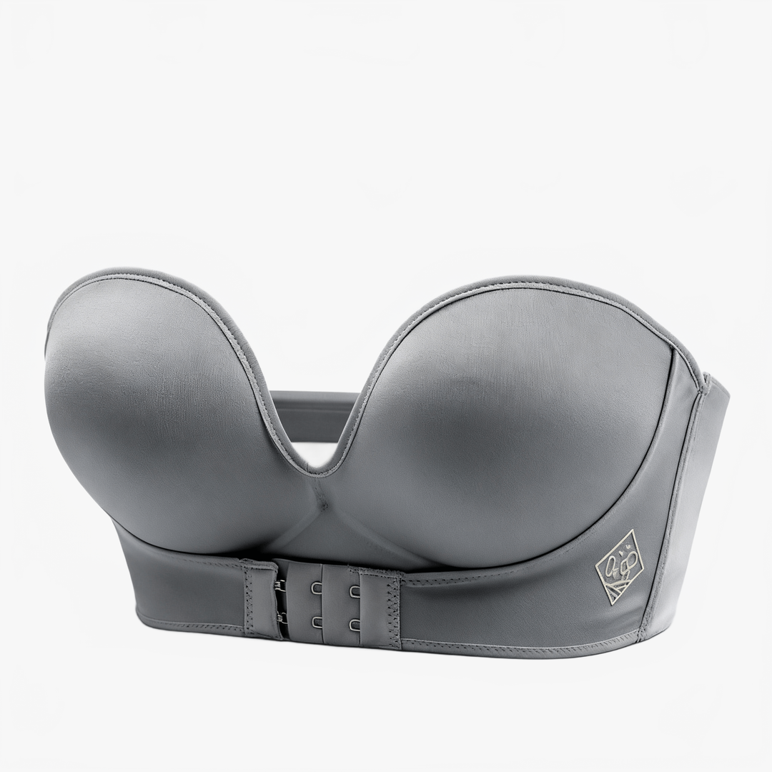Grey wide-band strapless bra shown from the side