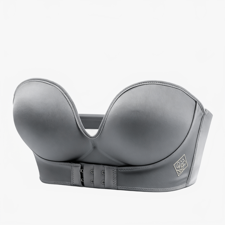 Grey wide-band strapless bra shown from the side