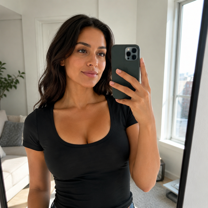 Woman taking a mirror photo in a black scoop neck tee