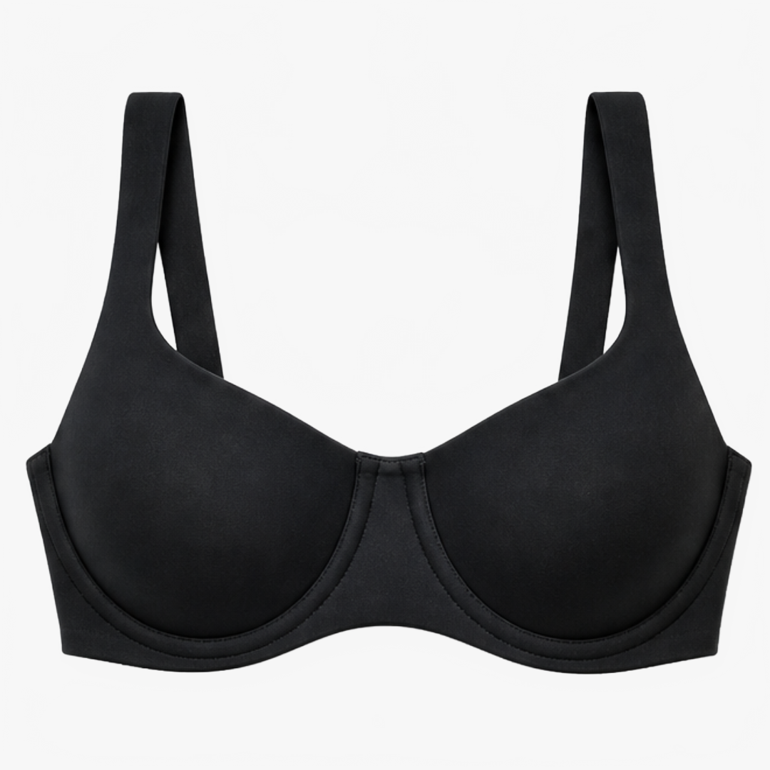 Black wide-set strap balconette bra shown flat