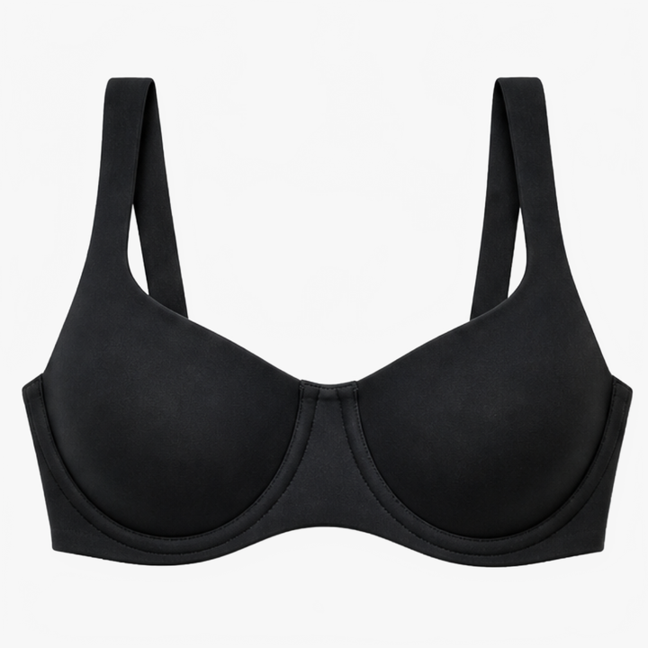 Black wide-set strap balconette bra shown flat