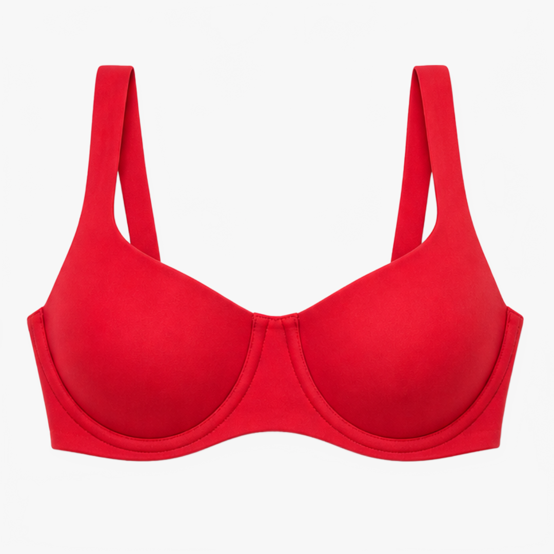Red wide-set strap balconette bra shown flat
