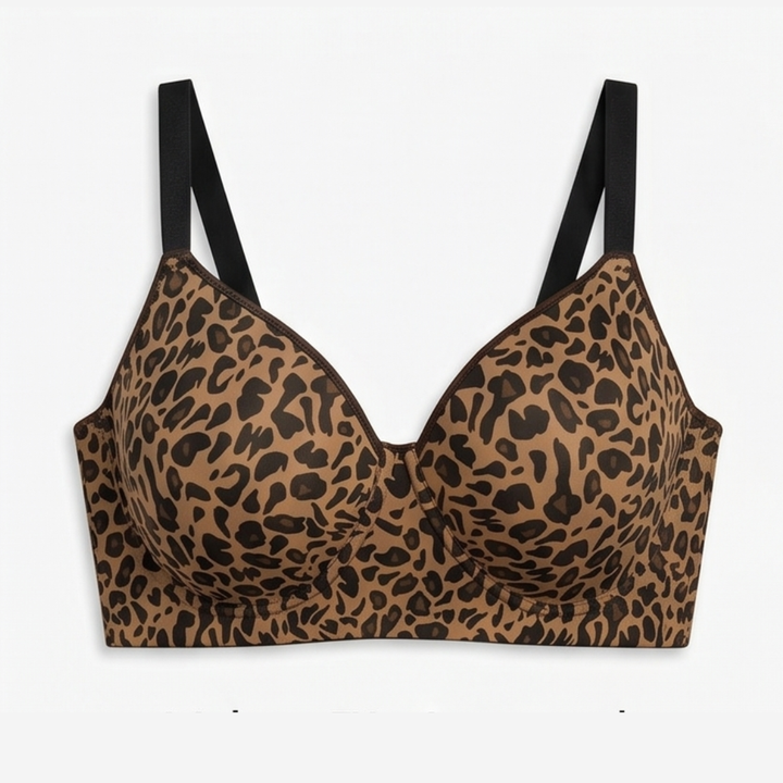 Leopard print full-bust bra with black straps, laid flat