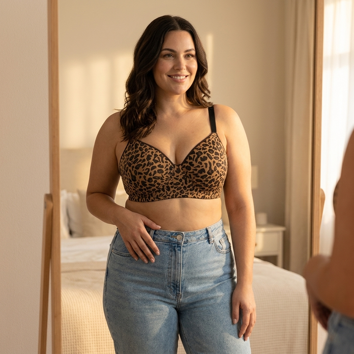 Woman in the leopard print bra and jeans by a window