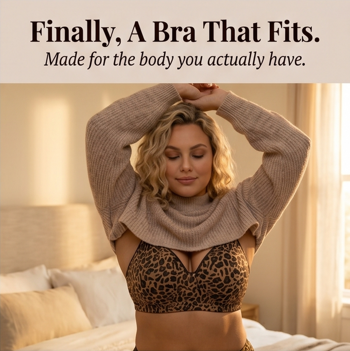 Feature panel of a woman pulling a jumper over the bra