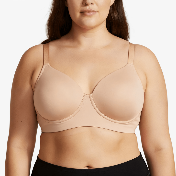 Nude wide-band full-bust bra with moulded cups