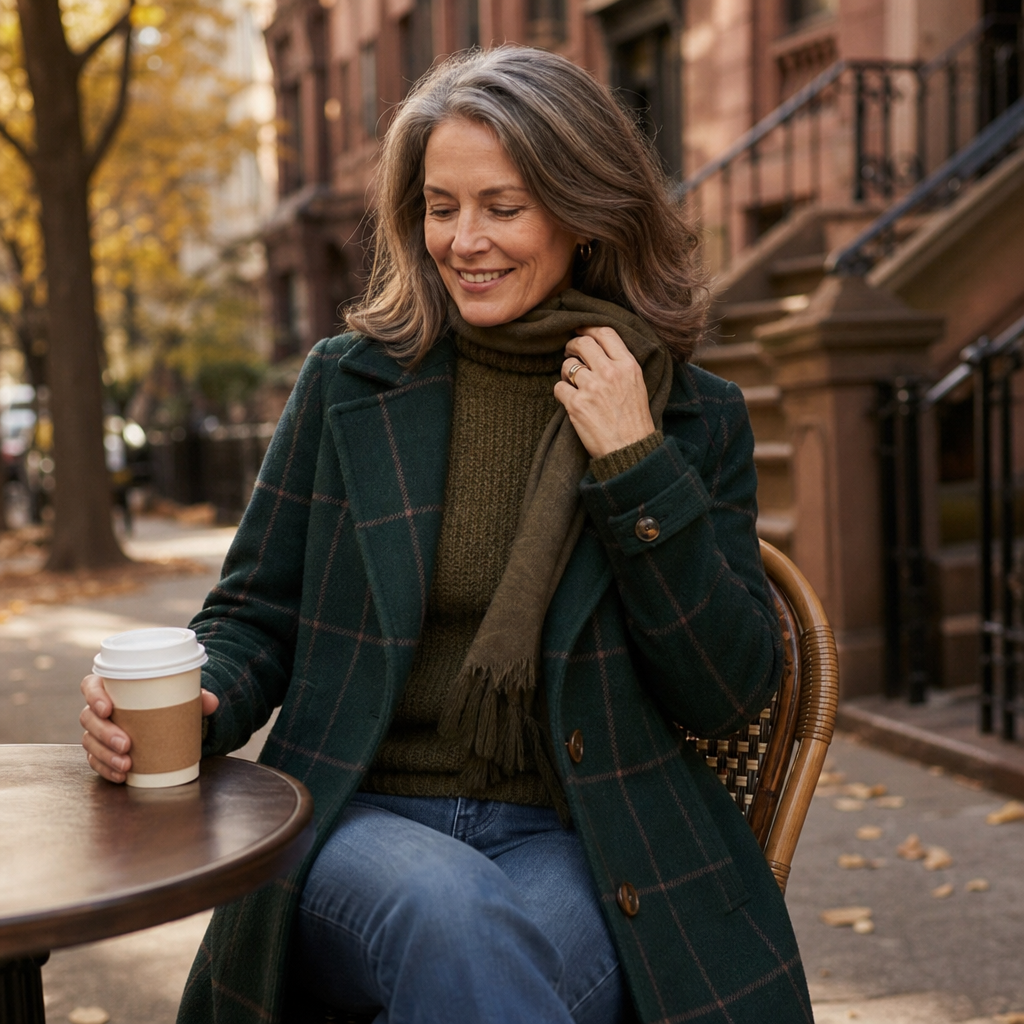 Woman with a coffee at a cafe in a green windowpane check coat