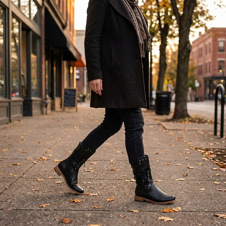 Woman walking on an autumn sidewalk in black lace up boots with studded cuffs