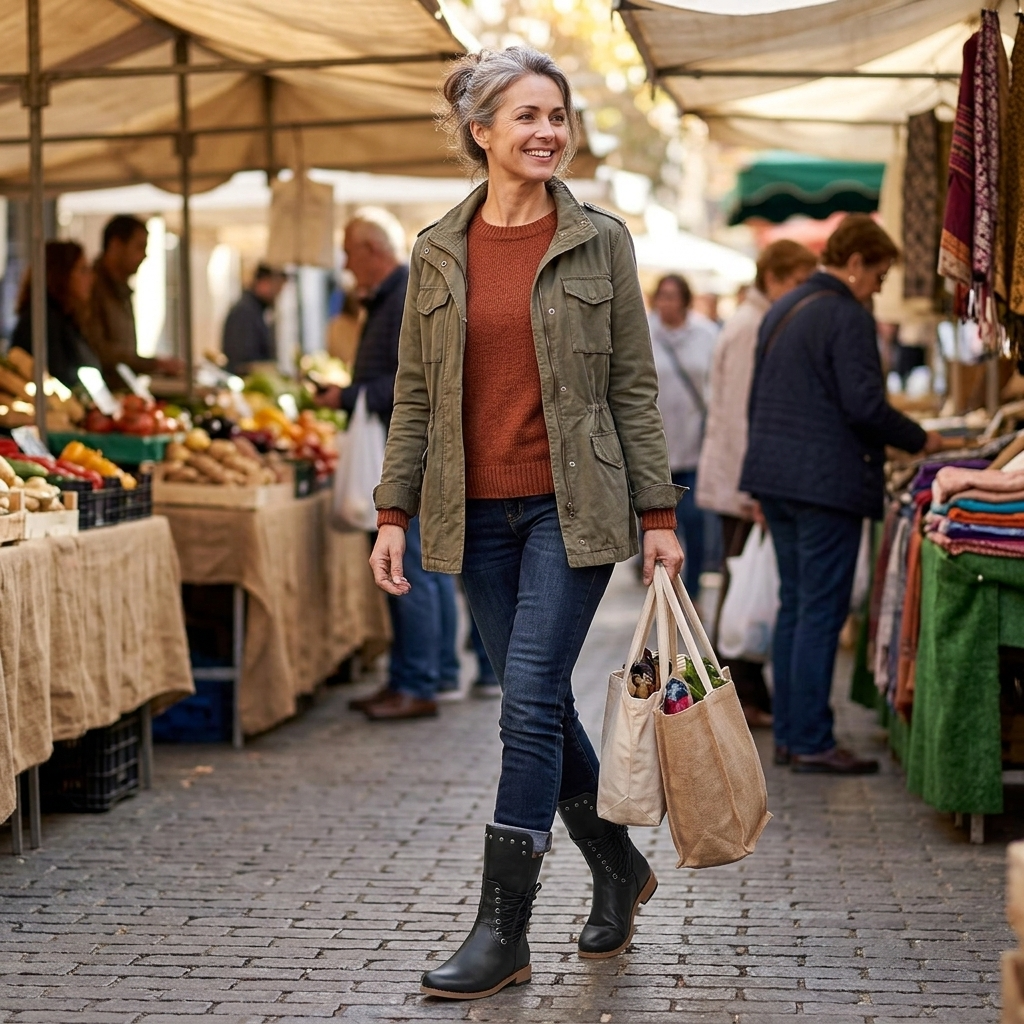 Woman at a market wearing black studded lace up boots with jeans