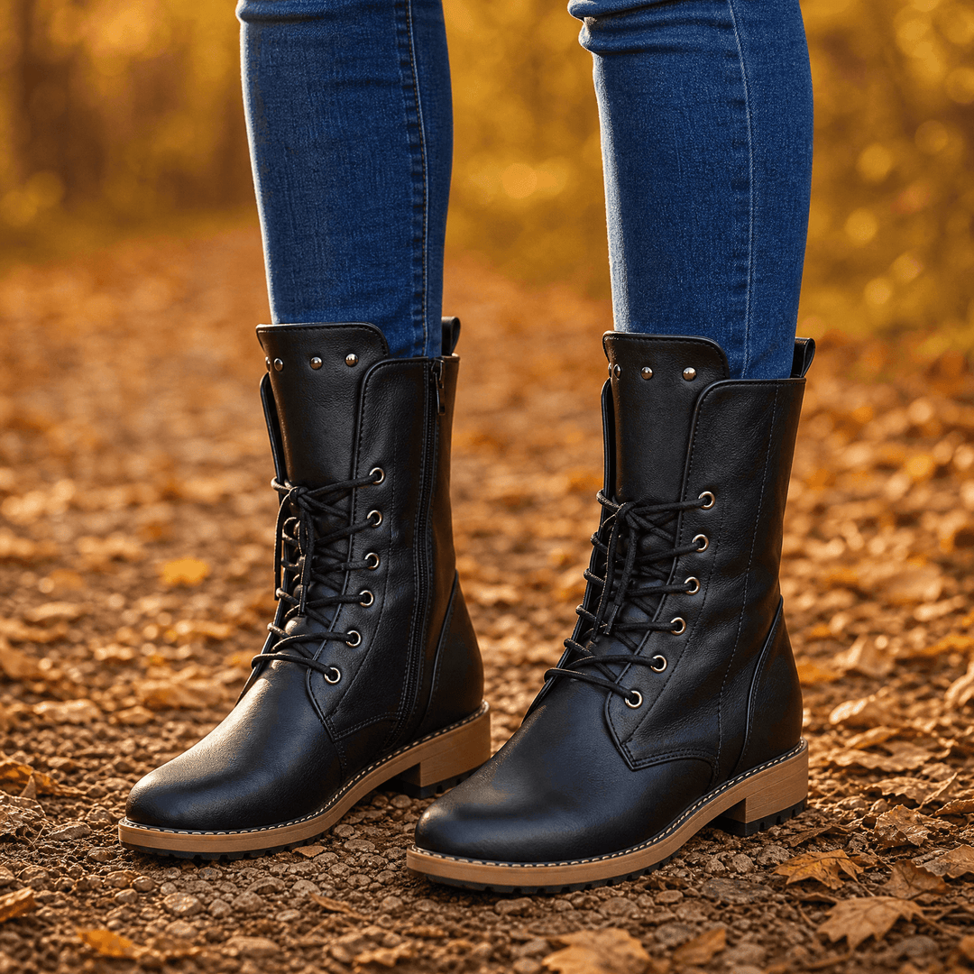 Pair of black lace up boots with studded cuffs, worn with jeans on autumn leaves