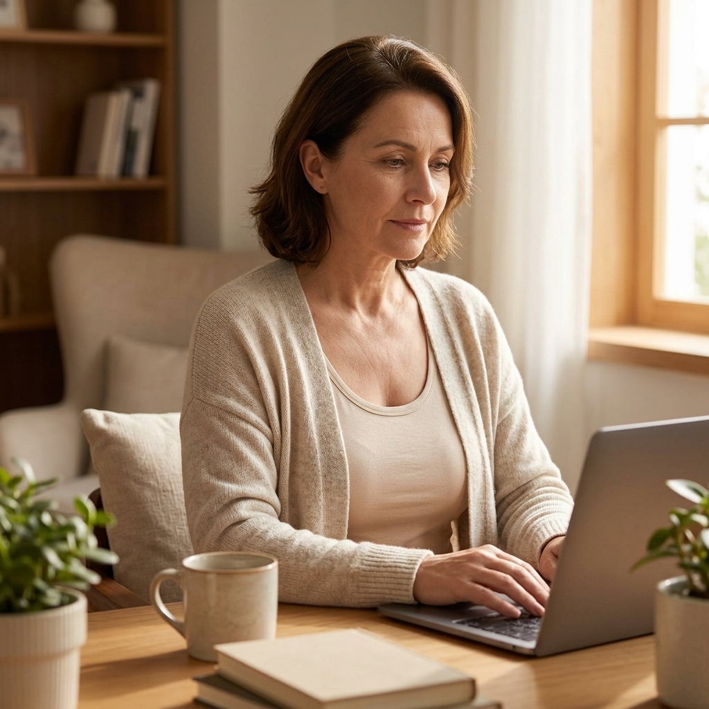 Woman working at a laptop in a cream cardigan
