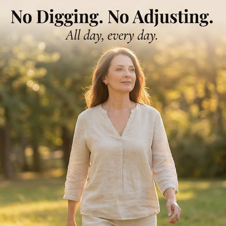 Feature panel of a woman walking outdoors in a linen shirt
