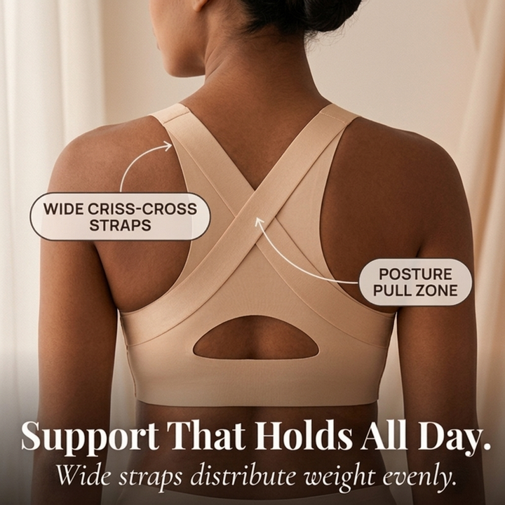 Feature panel with callouts on the wide criss-cross back straps