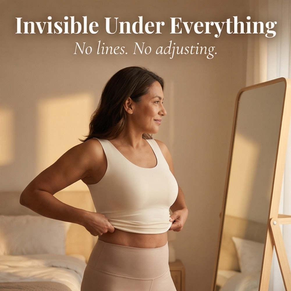 Feature panel of the bra worn at a bedroom mirror