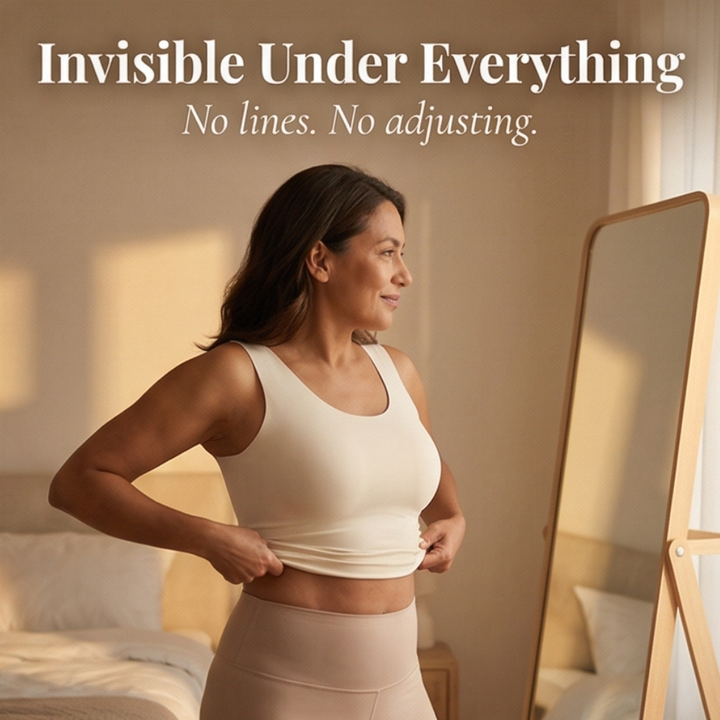 Feature panel of the bra worn at a bedroom mirror
