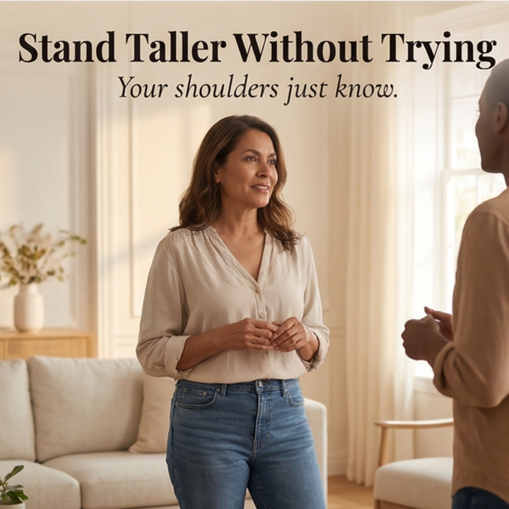 Feature panel of a woman in a blouse and jeans at home