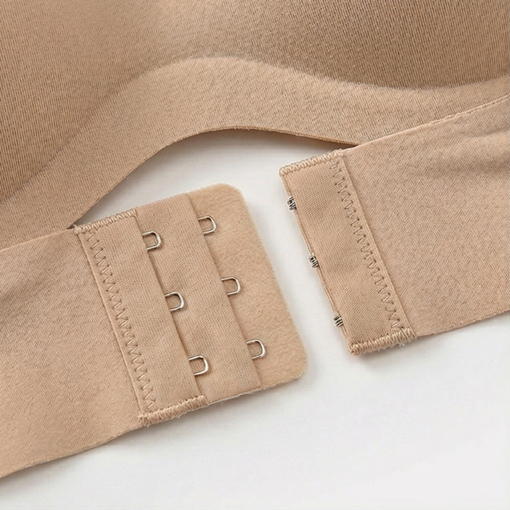 Close-up of the three-row front hook and eye closure
