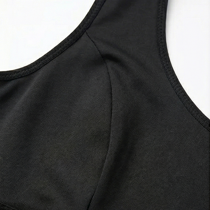 Close-up of the shoulder strap seam on a black shaper