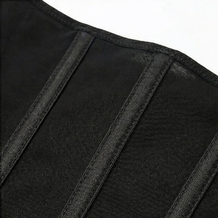 Close-up of the vertical boning channels on a black shaper