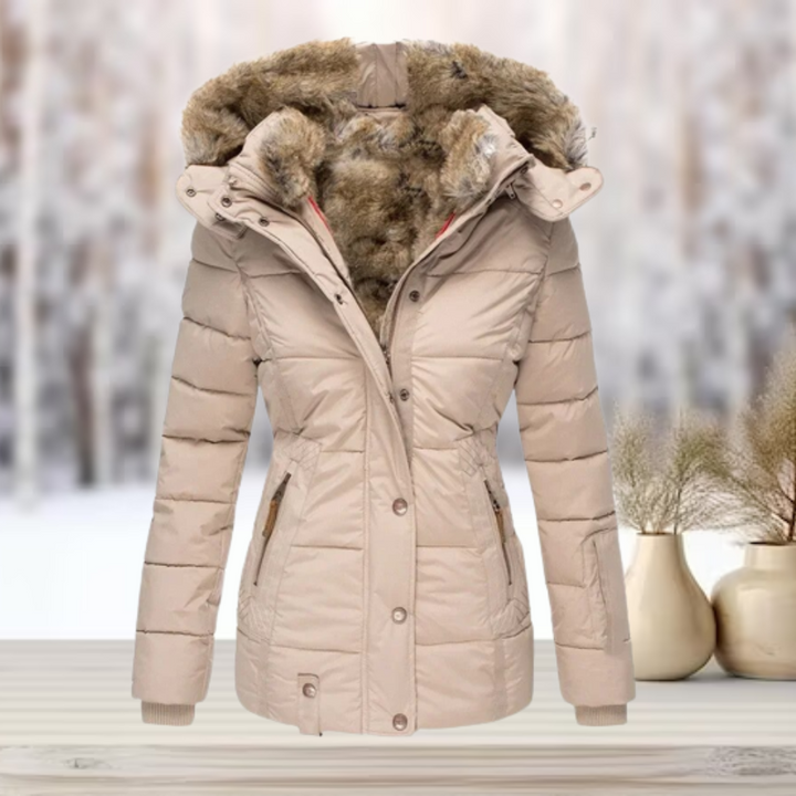 Beige quilted winter jacket with a detachable faux fur hood